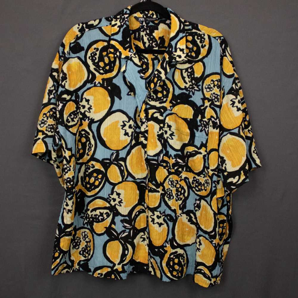 Zara yellow blue gauze fruit print oversized button up shirt-S